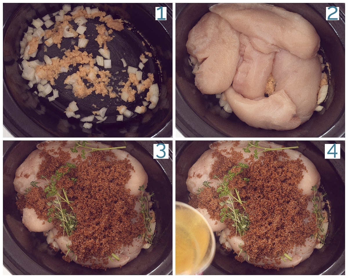 4 collage foto bereiding Bruine Suiker Knoflookkip uit de Slowcooker