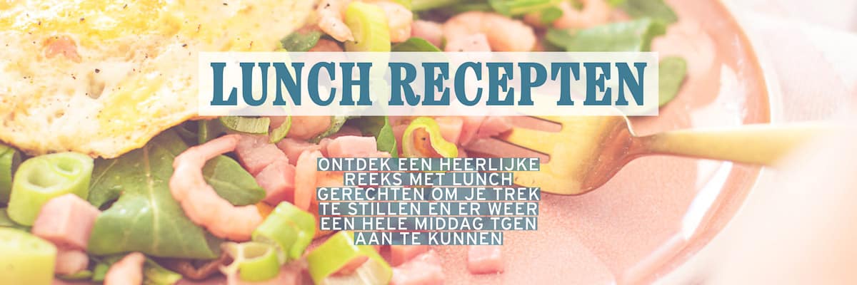 Een deel van een roze bord met een omelet gevuld met garnalen en ham. Een tekst overlay: lunch recepten. Ontdek een heerlijke reeks met lunch gerechten om je trek te stillen en er weer een hele middag tegen aan te kunnen.