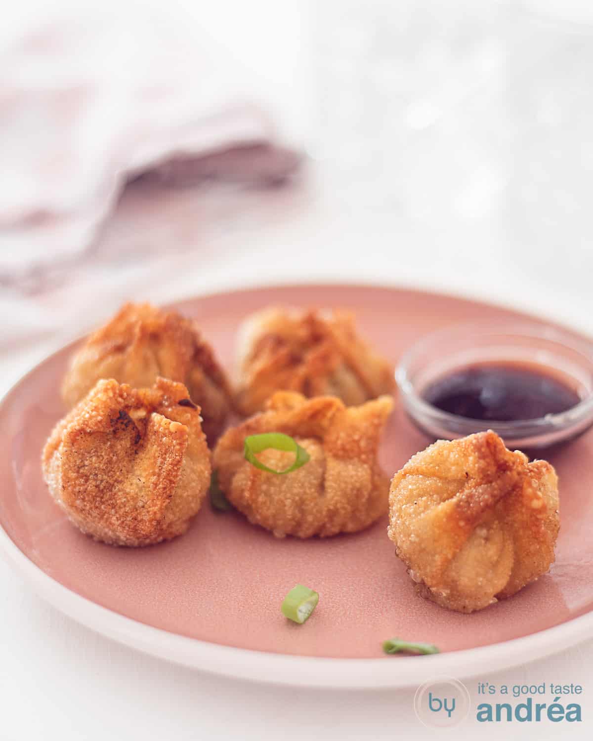 Wontons met rundergehakt op een roze bord met een sausje