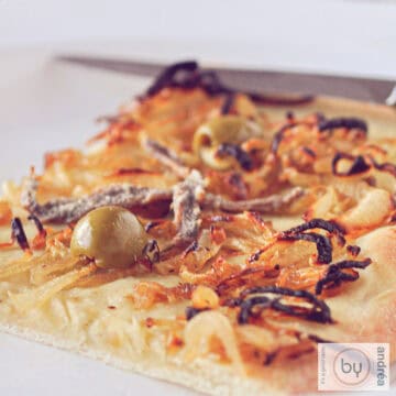 een vierkante foto met een stukje Pissaladière op een bord