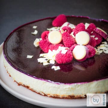 witte chocolade cheesecake met bastognekoek en bosvruchten van de zijkant gefotografeerd. Een vierkante foto