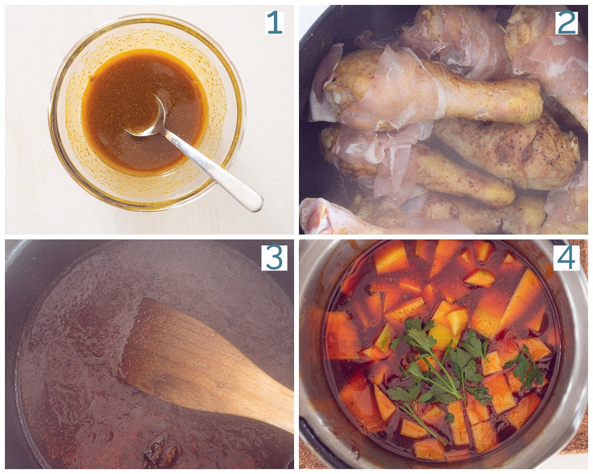 4 collage foto bereiding Drumsticks met Mango, Broccoli en Amandel