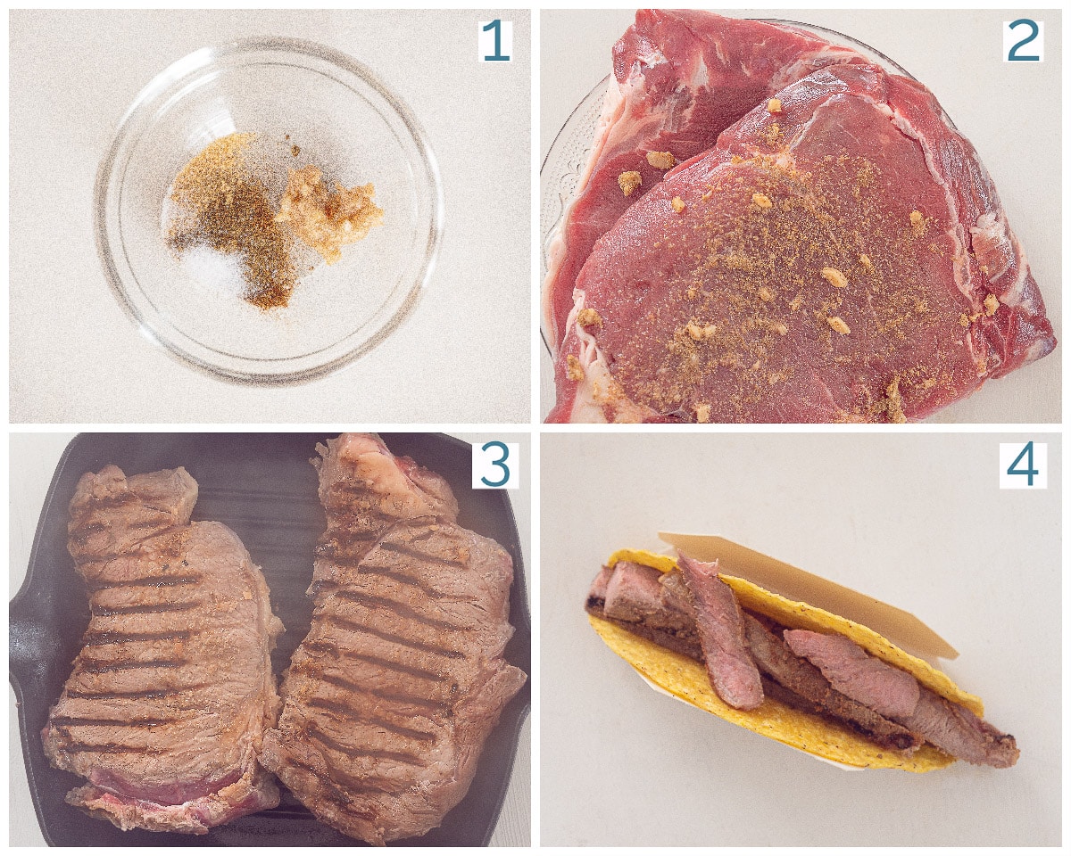4 collage photo preparation Grilled Entrecote Tacos
