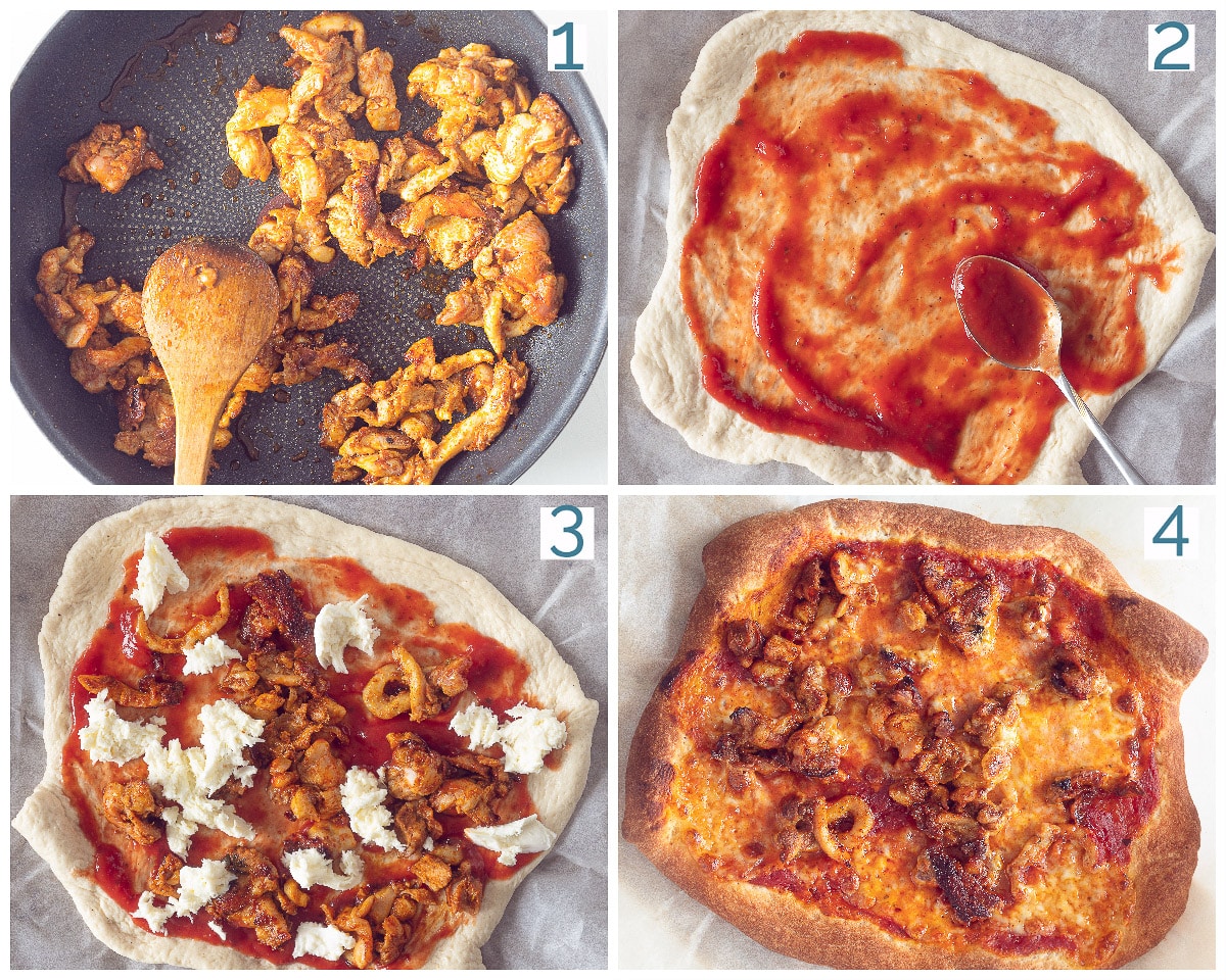 4 collage foto bereiding Pizza met Kip Kebab en Knoflooksaus