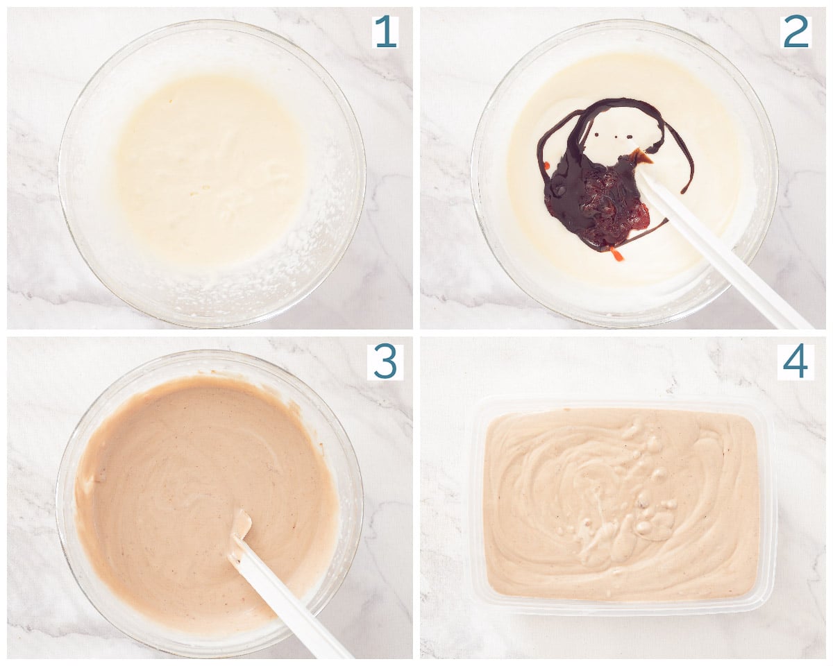 4 collage foto bereiding Yoghurtijs met Chocola en Aardbeien