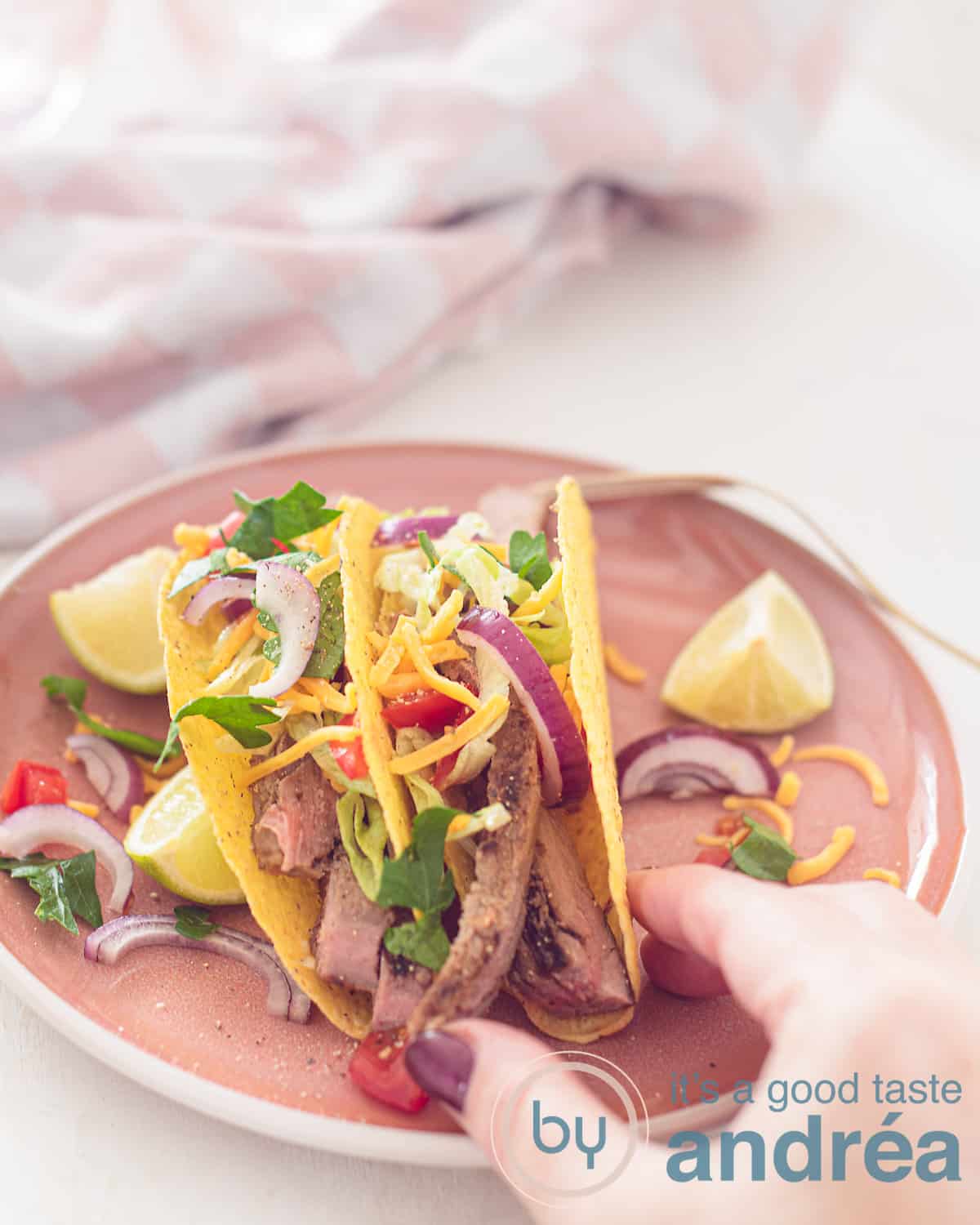 An elevation view of a pink plate with two taco shells filled with salad, sirloin and cheese. A white background. In the background a pink and white tea towel