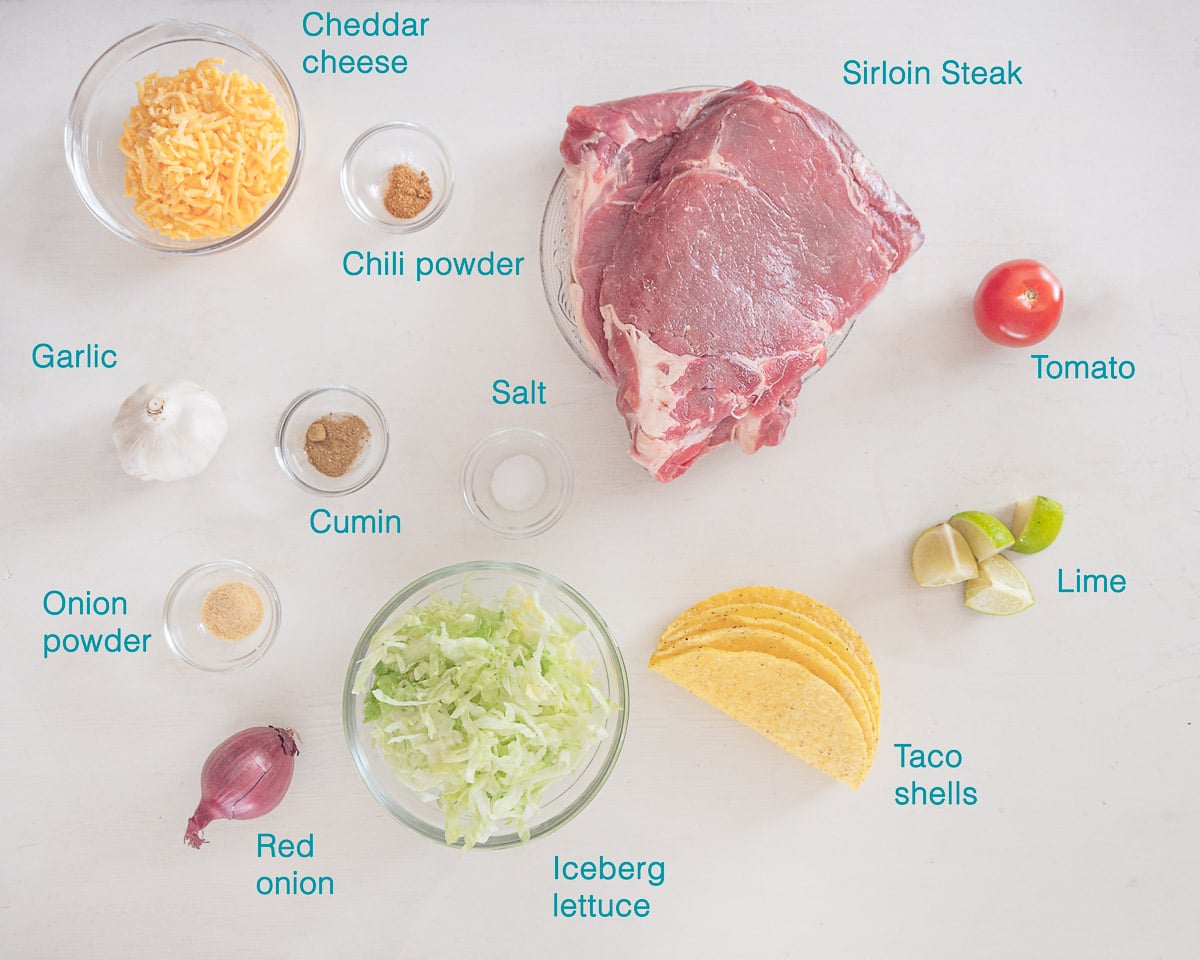 Ingredients Grilled Sirloin Steak Tacos, individually labelled on a white background