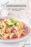 Een half roze bord met penne tonijn, cherry tomaten en peterselie. Een tekstoverlay bovenin: eenpanspasta met cherry tomaat en tonijn, Italiaans, Makkelijk recept, veel smaak.