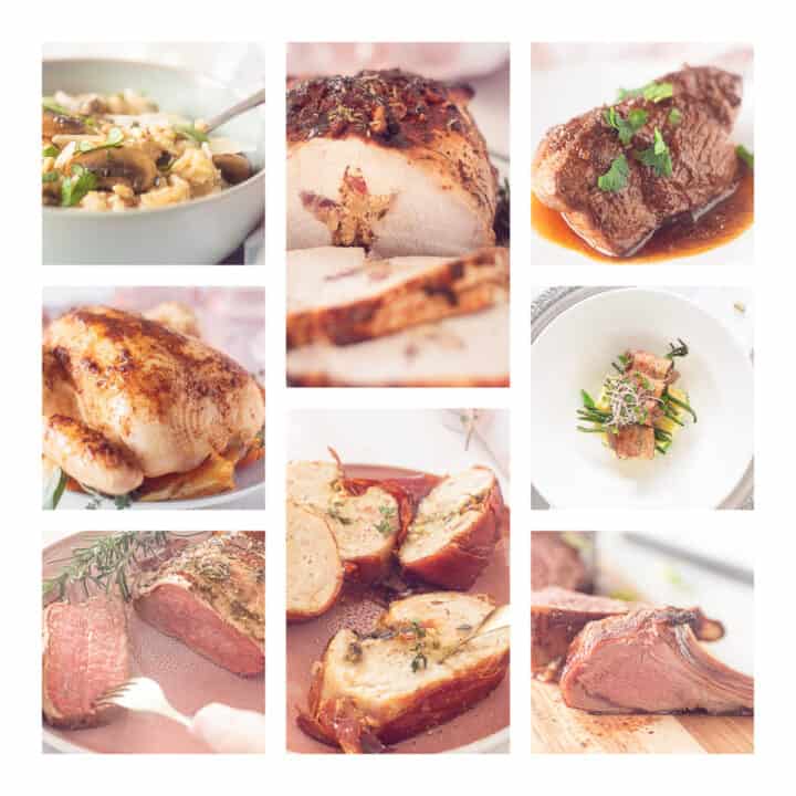 Een vierkante foto met een collage van 8 verschillende hoofdgerechten voor Kerst.