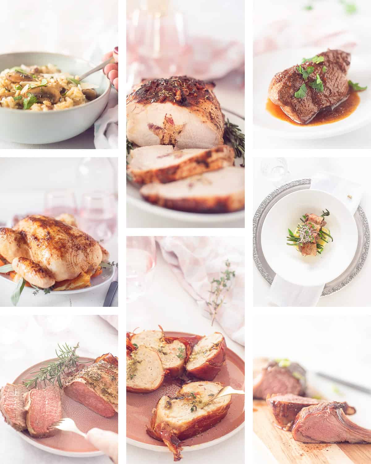 Een hoogtefoto met een collage van 8 verschillende hoofdgerechten voor Kerst