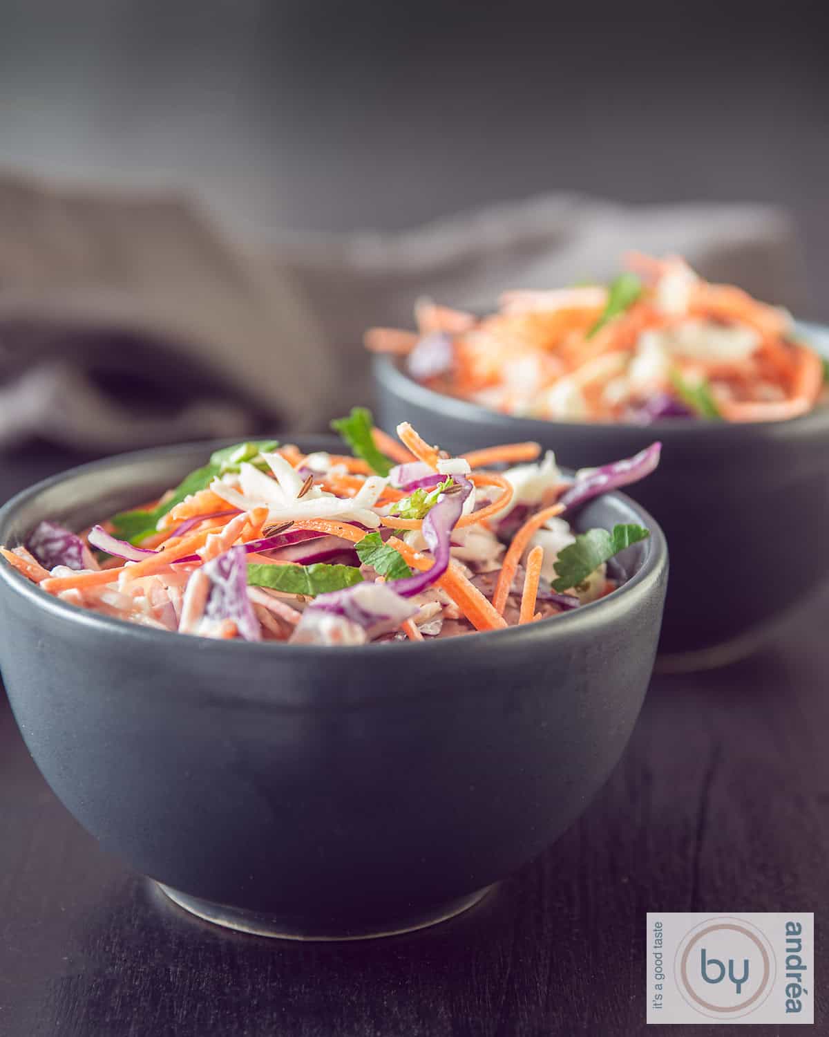 Een hoogtefoto van een donkergrijs bakje gevuld met koolsalade op een donkere ondergrond