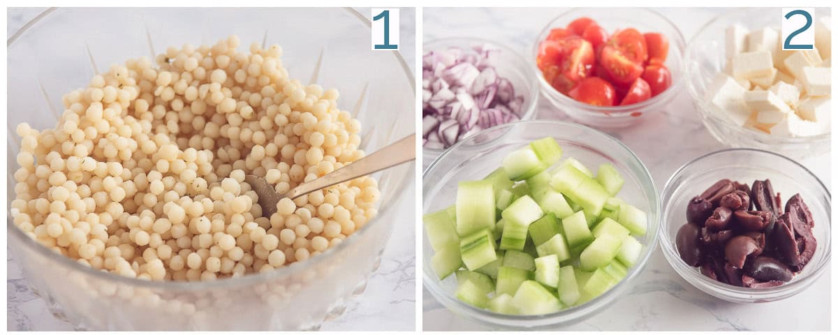 2 foto collage bereiding Frisse Parelcouscous Salade met Feta en Munt voor Elke Dag