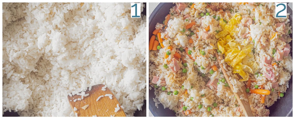 2 foto collage bereiding Snelle gebakken rijst met ham, ei en groenten