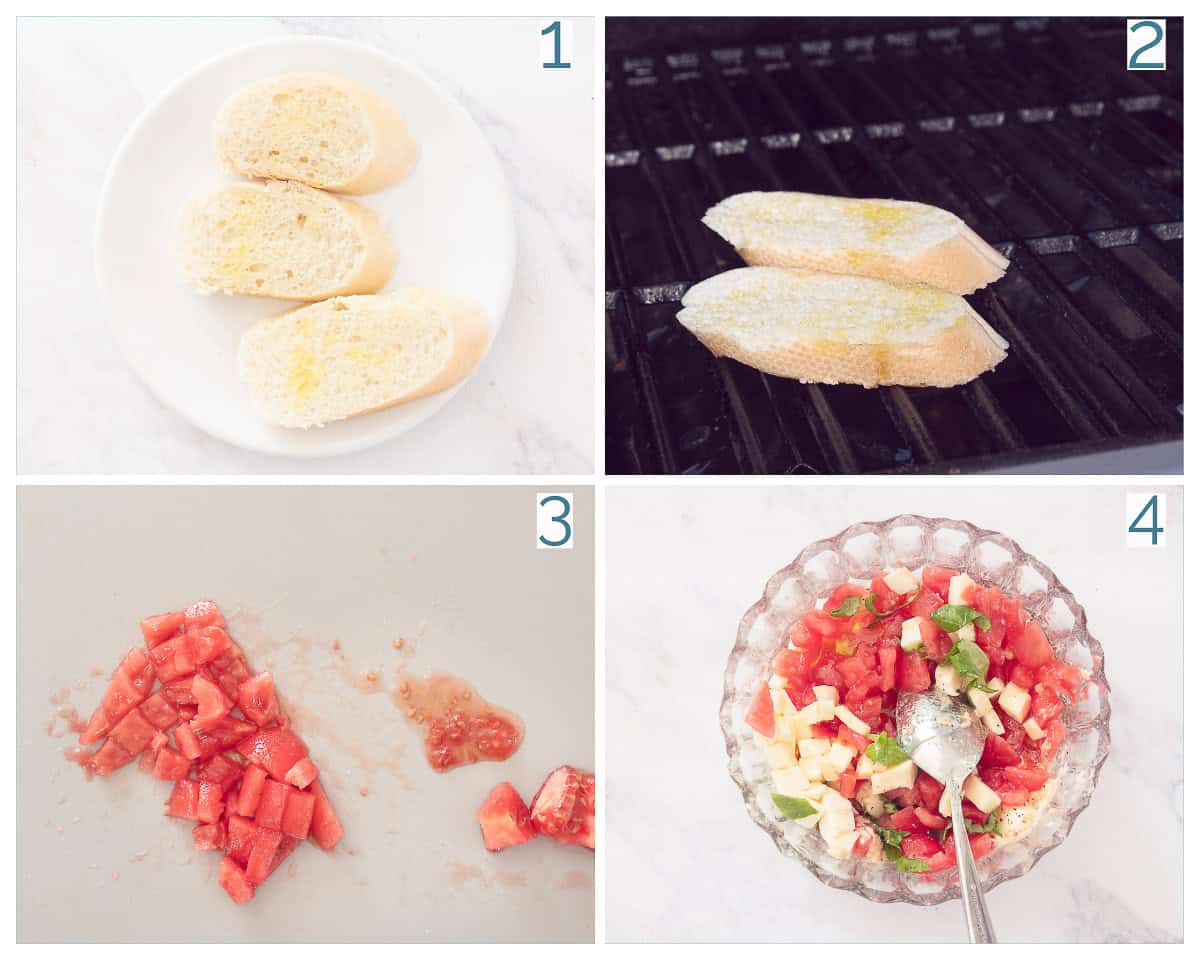 4 collage foto bereiding Bruschetta met Tomaat, Mozzarella en Verse Basilicum