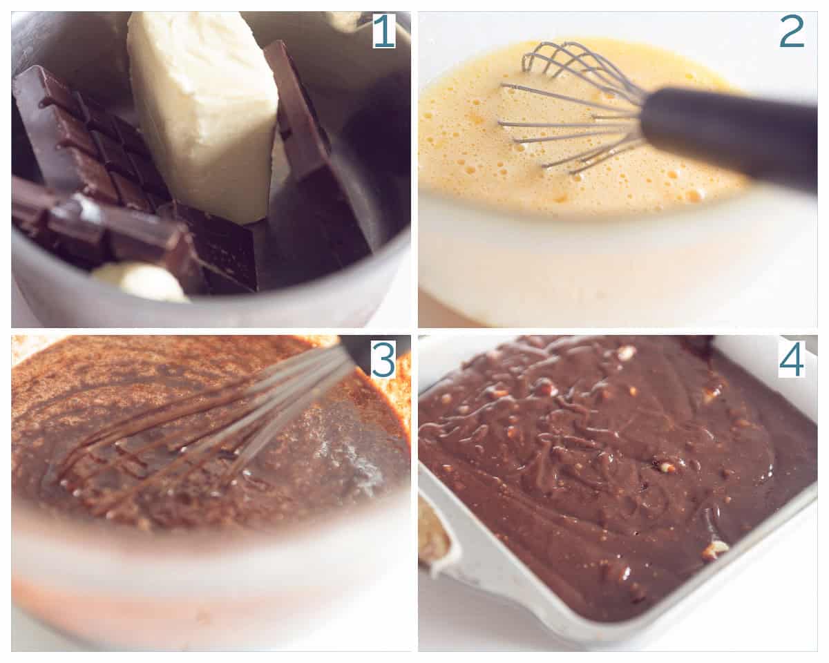 4 collage foto bereiding Chocolade Brownies met Witte Chocola