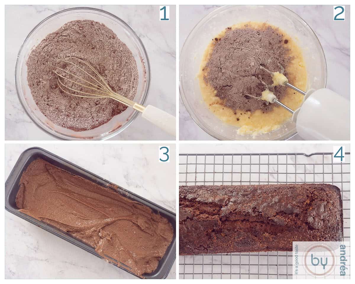 4 collage foto bereiding Chocoladecake met Vanille en Boter