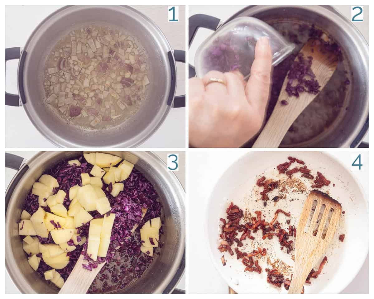 4 collage photo preparation German red cabbage with apple and crispy bacon