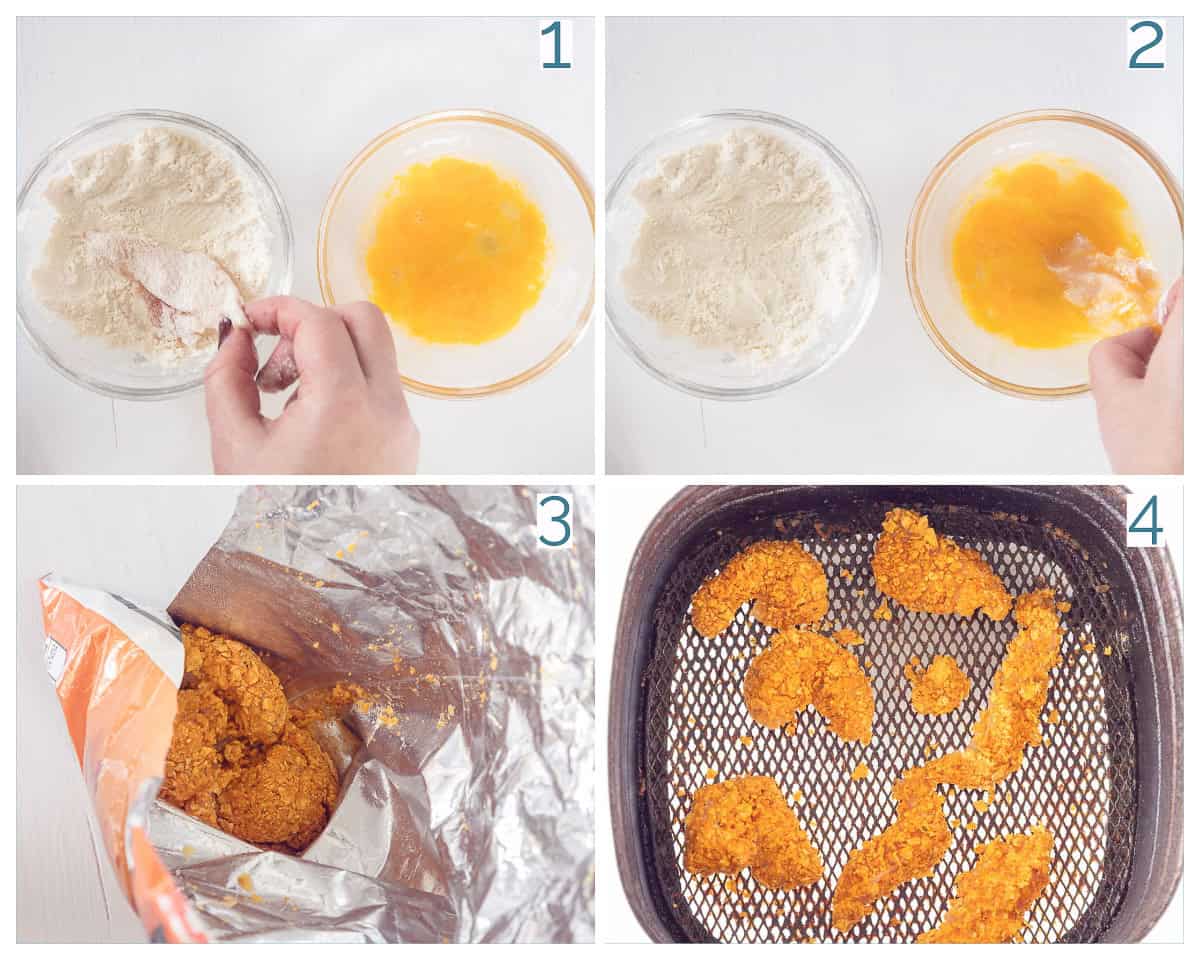 4 collage foto bereiding Krokante Dorito's kipnuggets uit de Airfryer