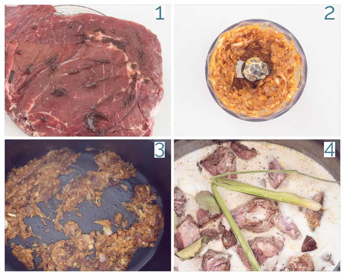 4 collage foto bereiding Slowcooker Daging Sapi Roedjak