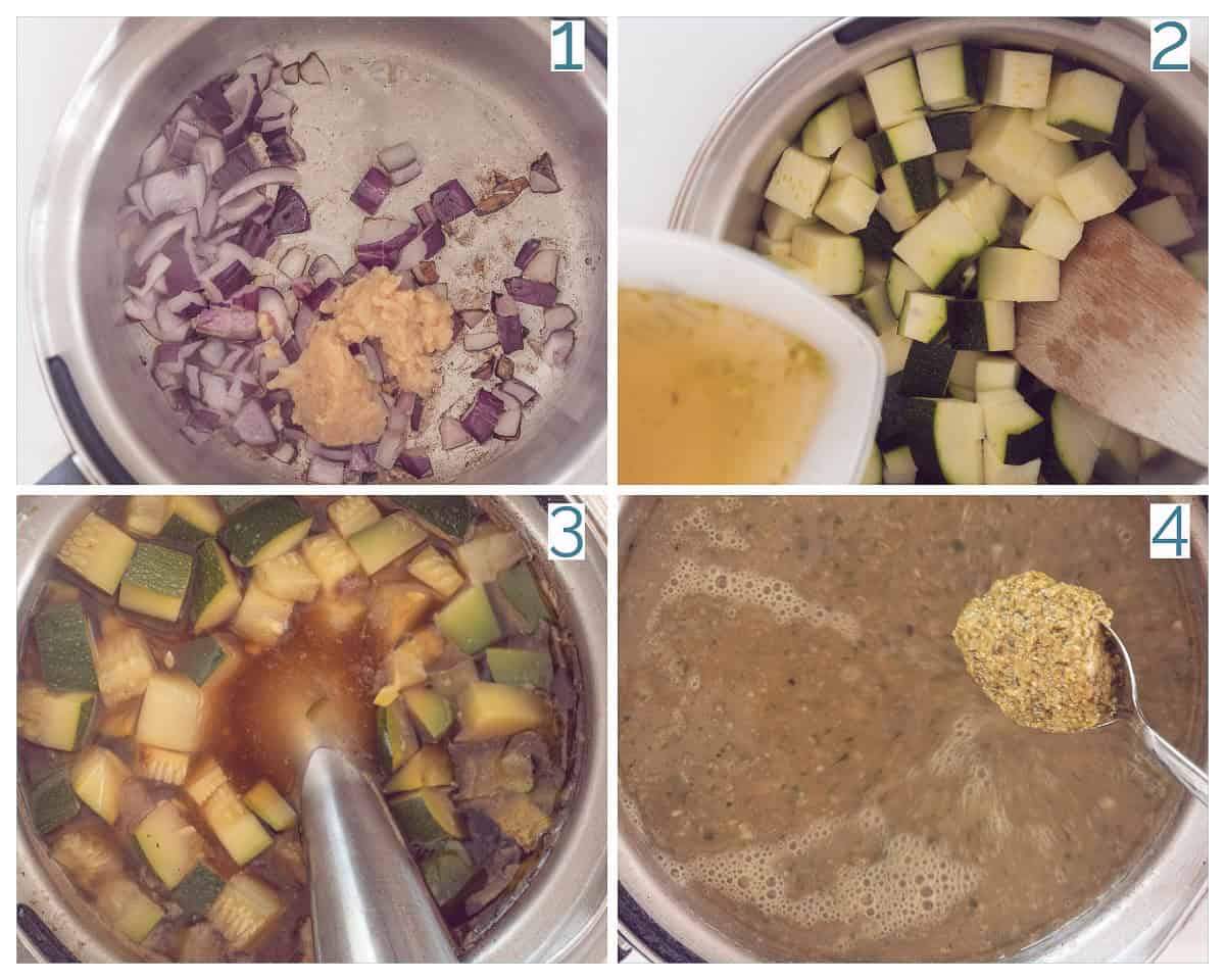 4 collage foto bereiding Snelle Romige Courgettesoep met Pesto en Feta
