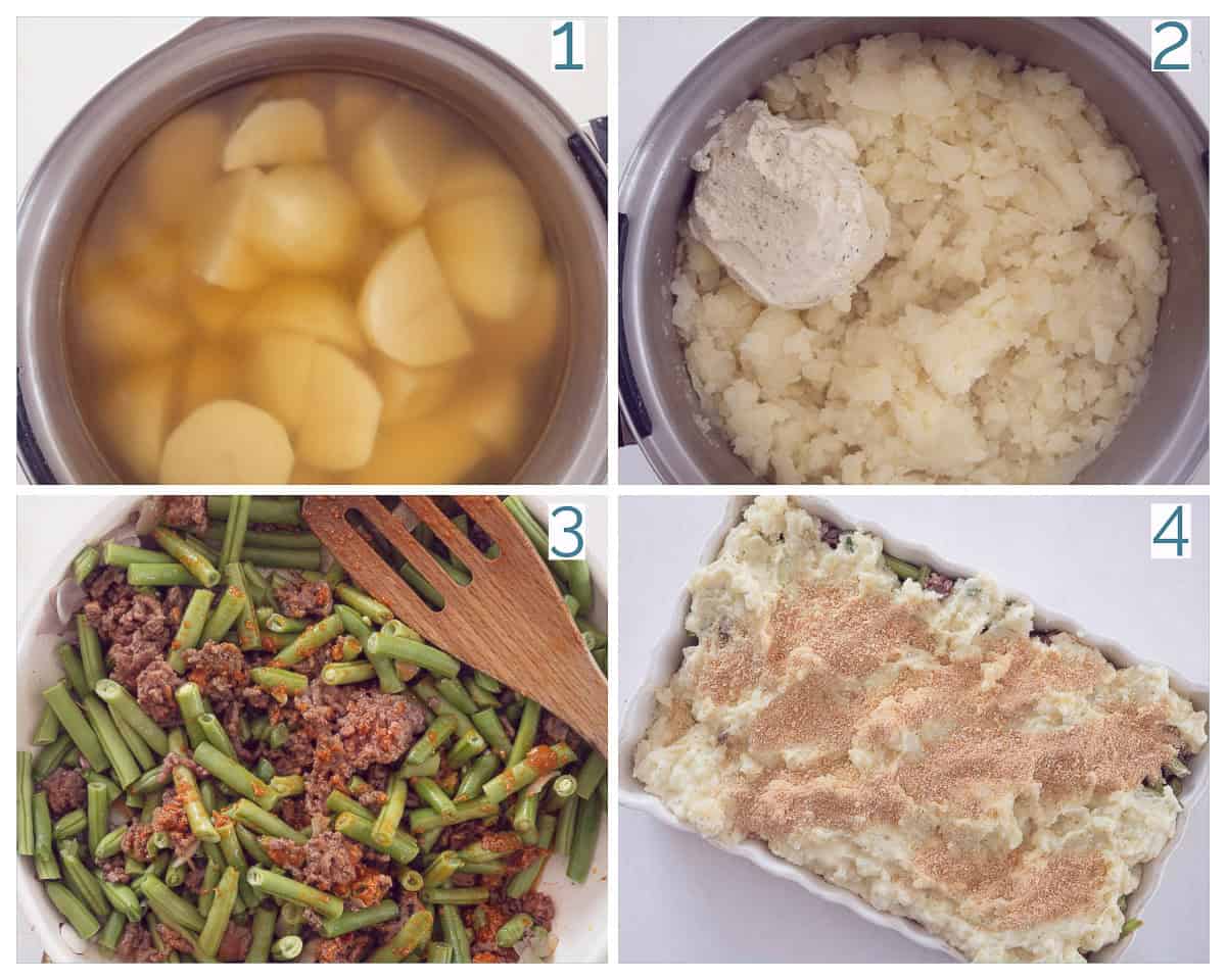 4 collage foto bereiding Sperziebonen Ovenschotel met Gehakt en Boursin Aardappelpuree
