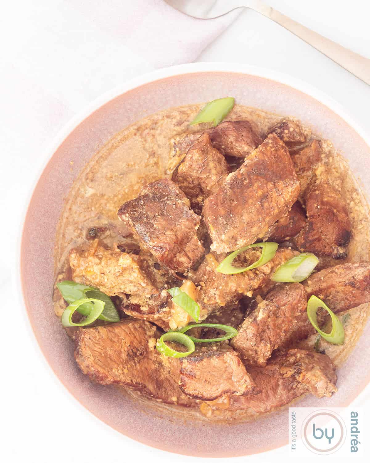 Een foto van bovenaf van een kom gevuld met Daging Sapi Roedjak, een Indonesische stoofvleesschotel gemaakt in de slowcooker