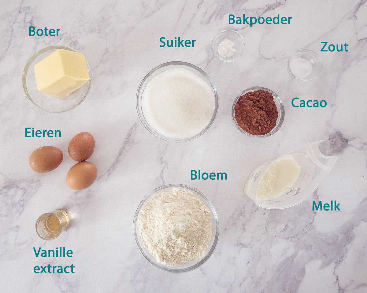 Ingredienten Chocoladecake met Vanille en Boter op een marmeren ondergrond met tekstbeschrijvijnng
