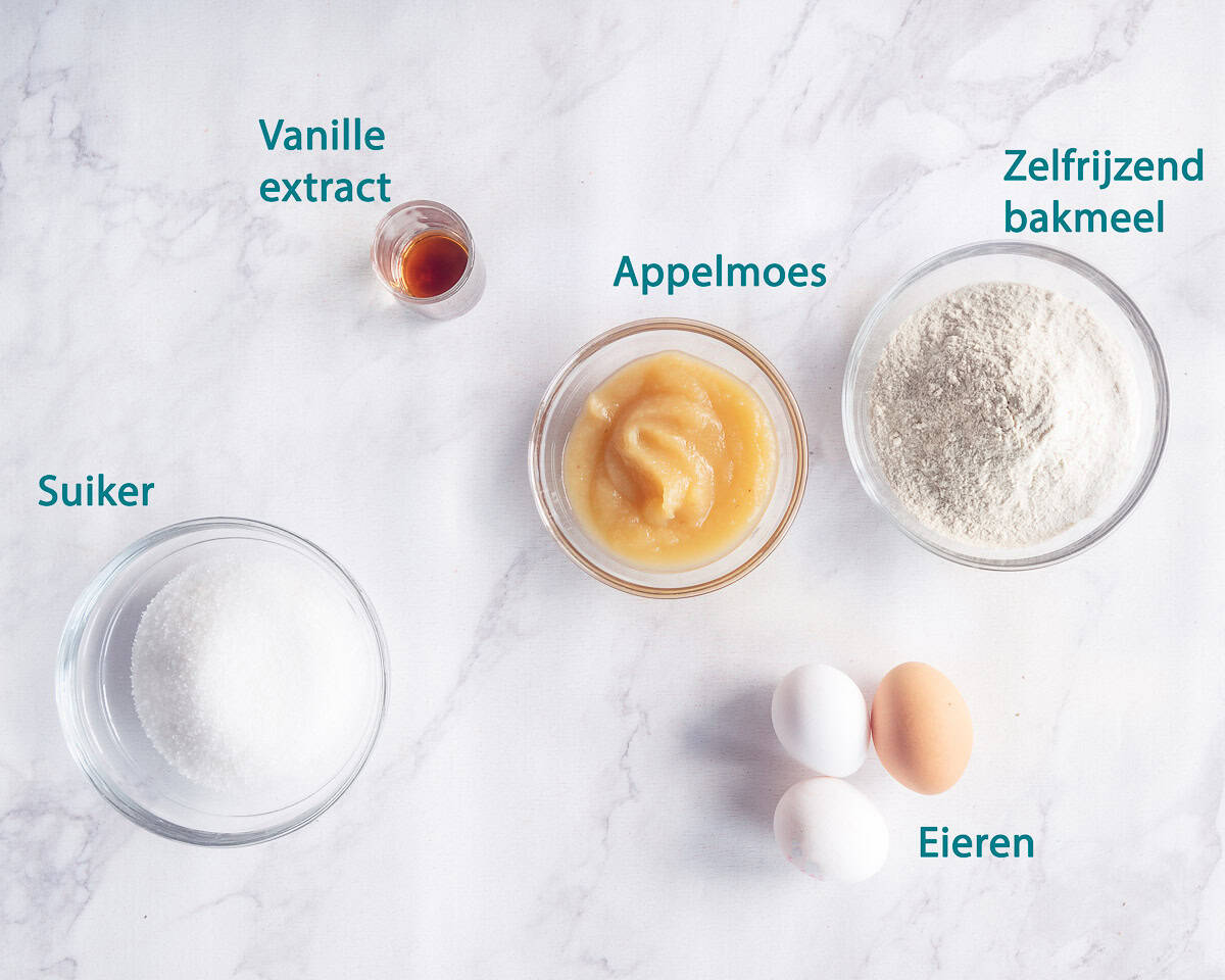 Ingredienten Makkelijke Appelmoescake zonder Boter op een marmer gekleurde ondergrond. Een tekstbeschrijving van de ingredienten.