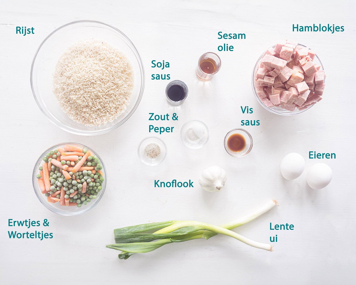 Ingredienten Snelle gebakken rijst met ham, ei en groenten op een witte ondergrond met een tekst beschrijving.