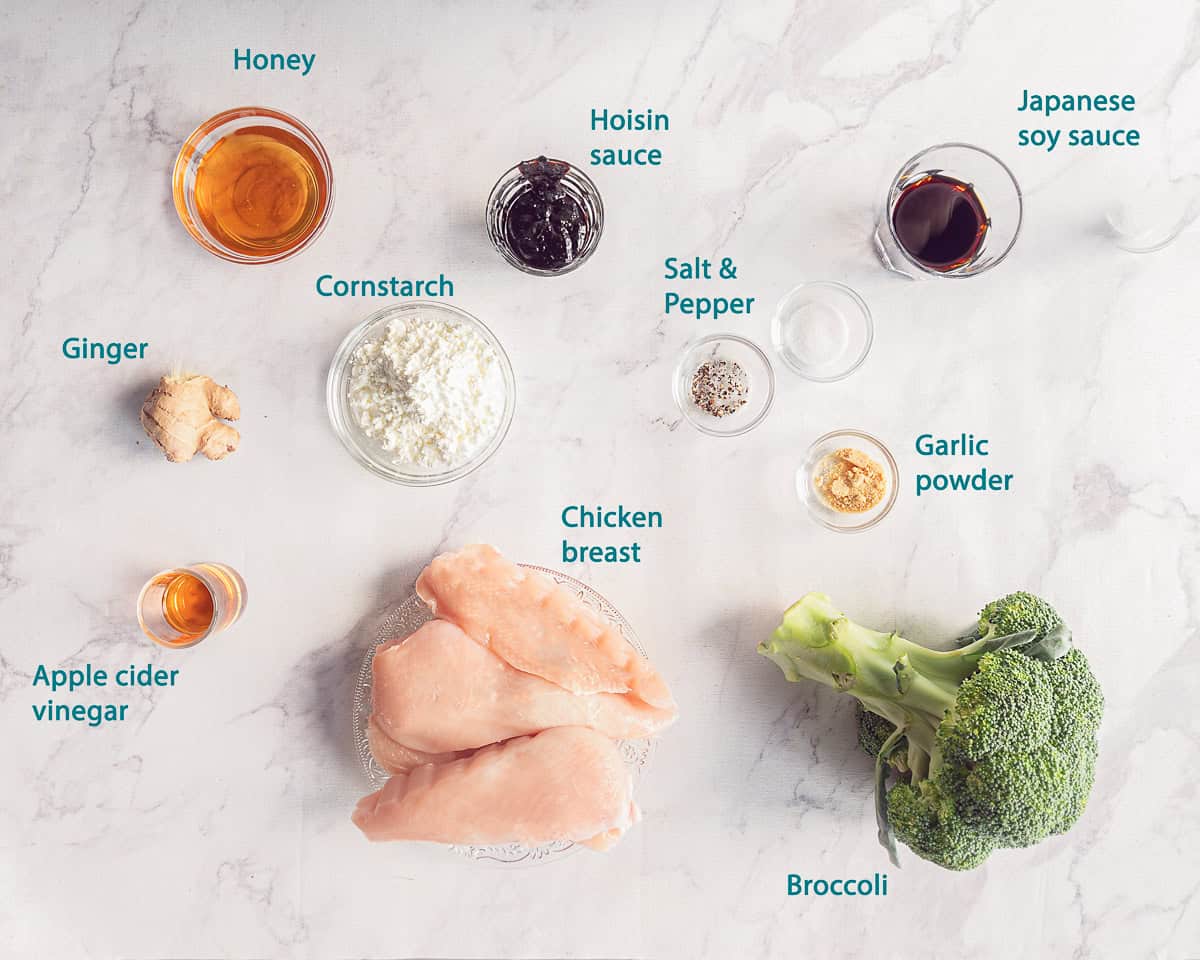 Ingredients Chicken with broccoli in hoisin sauce_ on a white marble background with text.