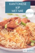 Een deel van een bord met mie met wortel, kool en ui en kantonese kip. Een tekst bovenin: makkelijk recept, kantonese kip met mie