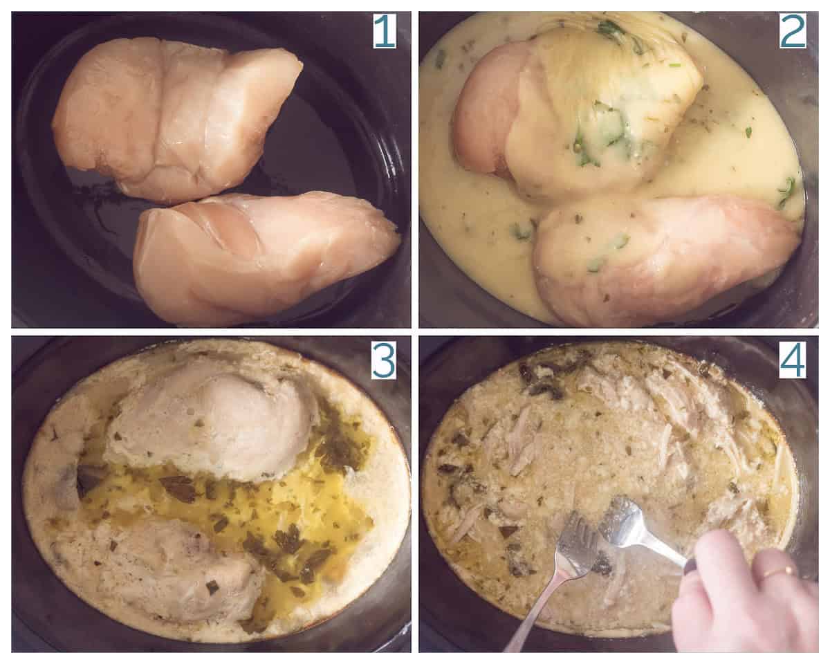 4 collage foto Slowcooker Kip met Knoflook Parmezaan Saus