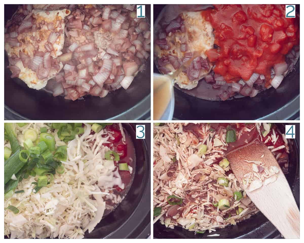 4 collage foto bereiding Hamlappen Stoofpot met Spitskool in de Slowcooker