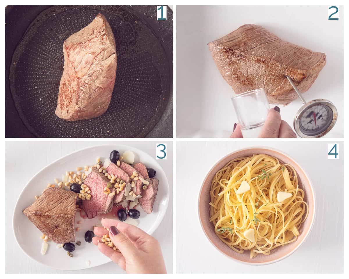 4 collage foto bereiding Italiaanse Rosbief uit de Oven met Linguine