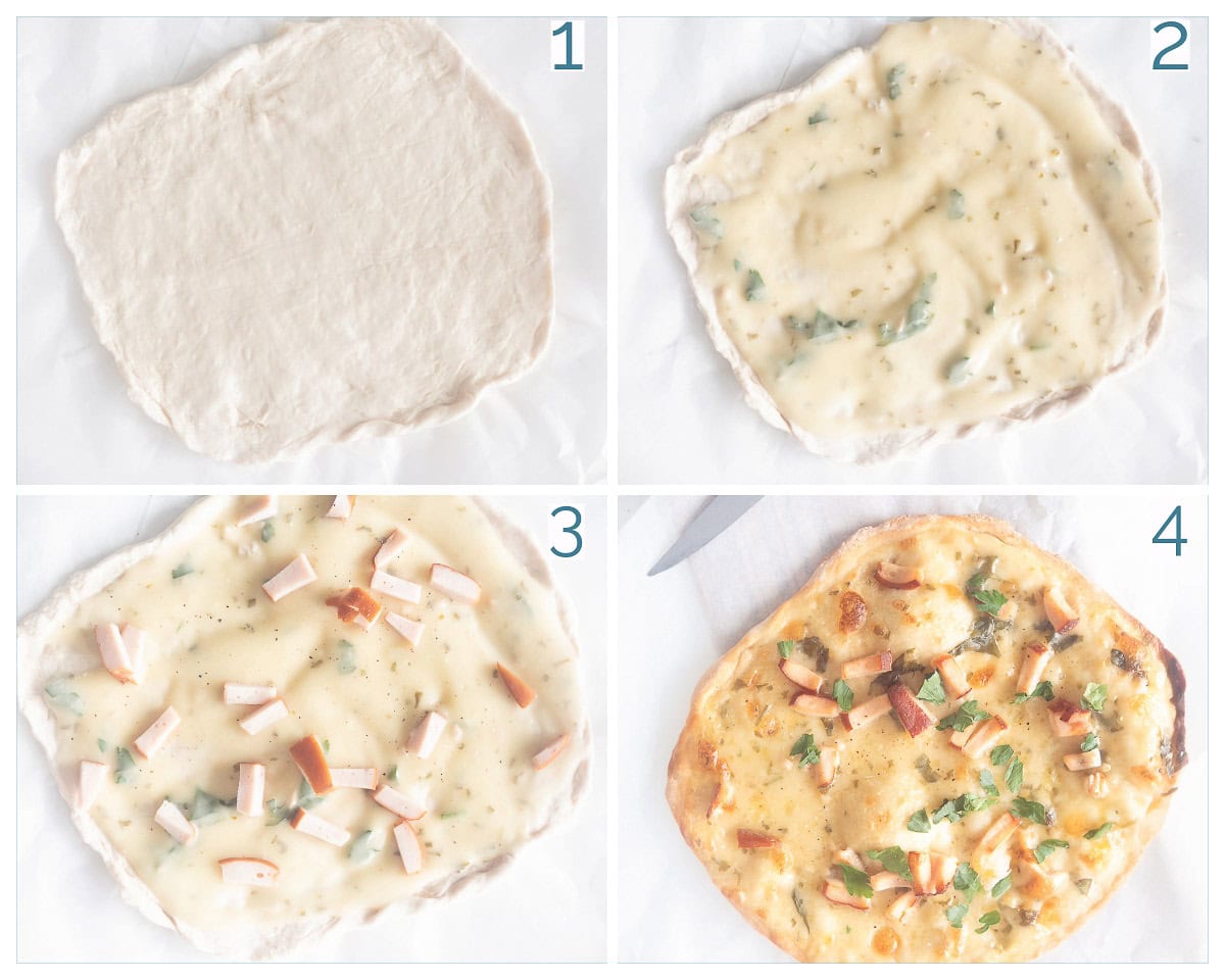4 collage foto bereiding Pizza Alfredo met Gerookte Kip en Kaassaus