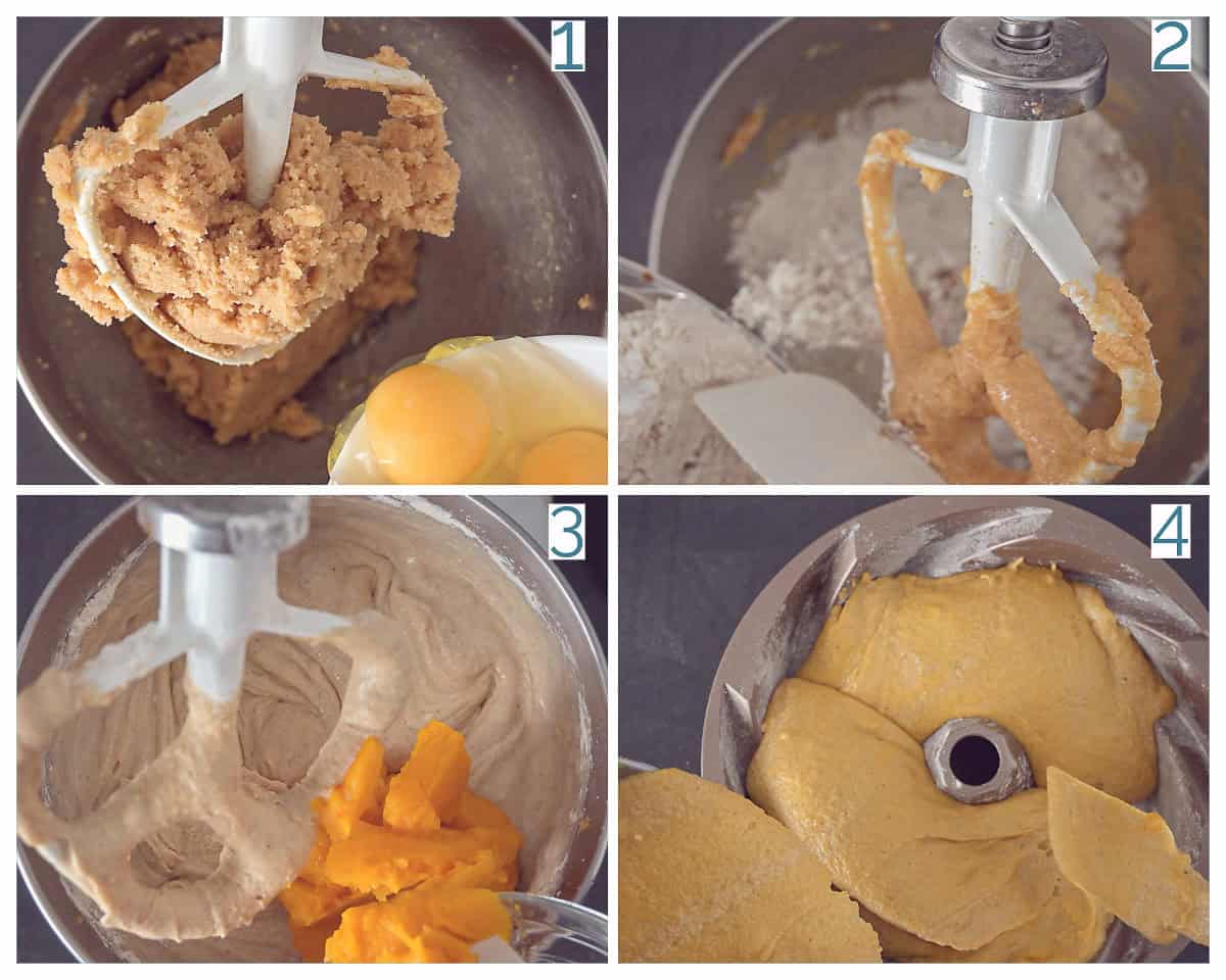 4 collage foto bereiding Pompoen Tulbandcake Heerlijk herfstgebak