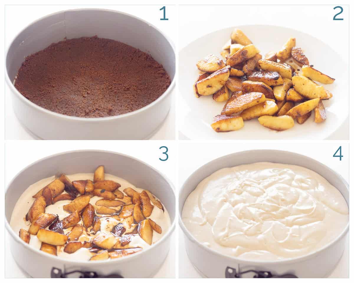 4 collage foto bereiding Romige Cheesecake met Gekarameliseerde Appels