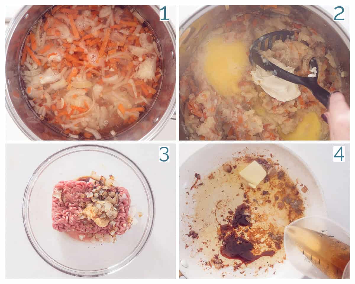 4 collage foto bereiding Romige Wortelstamppot met Kruidige Gehaktballetjes