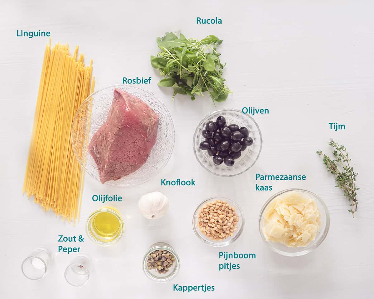 Ingredienten Italiaanse Rosbief uit de Oven met Linguine op een witte ondergrond met tekstbeschrijving.