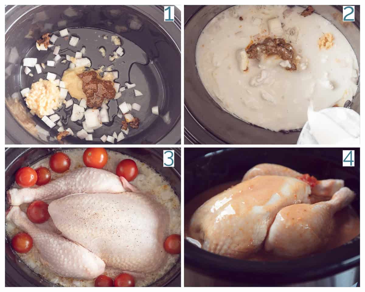 4 collage foto Hele Kip in Romige Kokos Curry uit de Slowcooker
