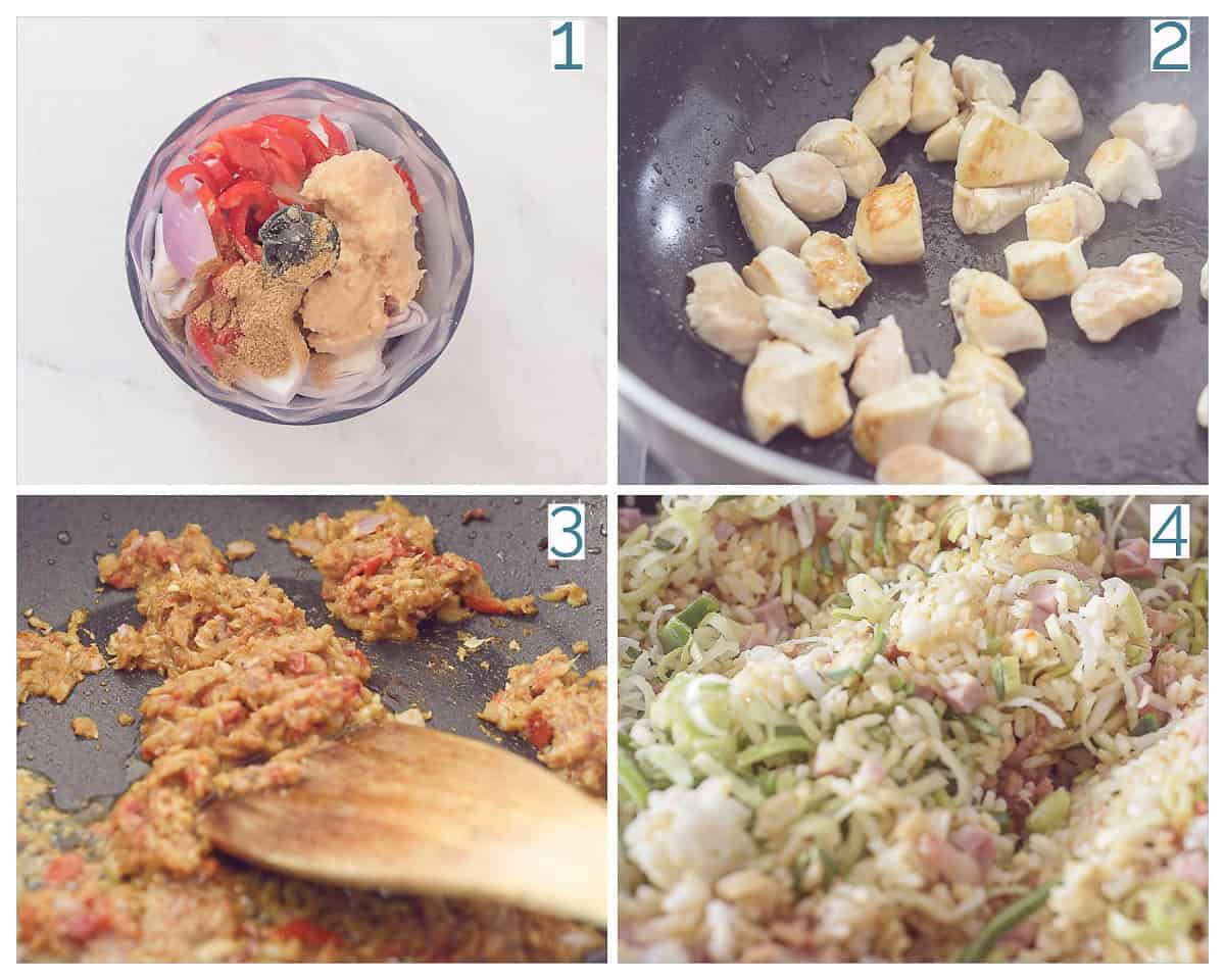 4 collage foto Nasi Goreng met Kip en Spek maken
