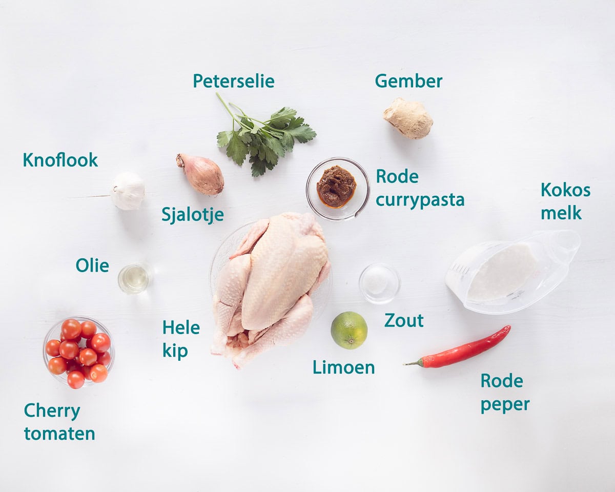 Ingredienten Hele Kip in Romige Kokos Curry uit de Slowcooker, op een witte ondergrond, individueel gelabeld.
