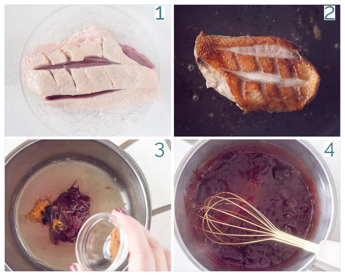 4 collage foto Perfect Gebakken Eendenborst met Cranberrysaus