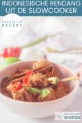 Een roze kom met rendang vlees en rode peper, peterselie, kaneel een tekst bovenin Rendang uit de slowcooker, makkelijk recept
