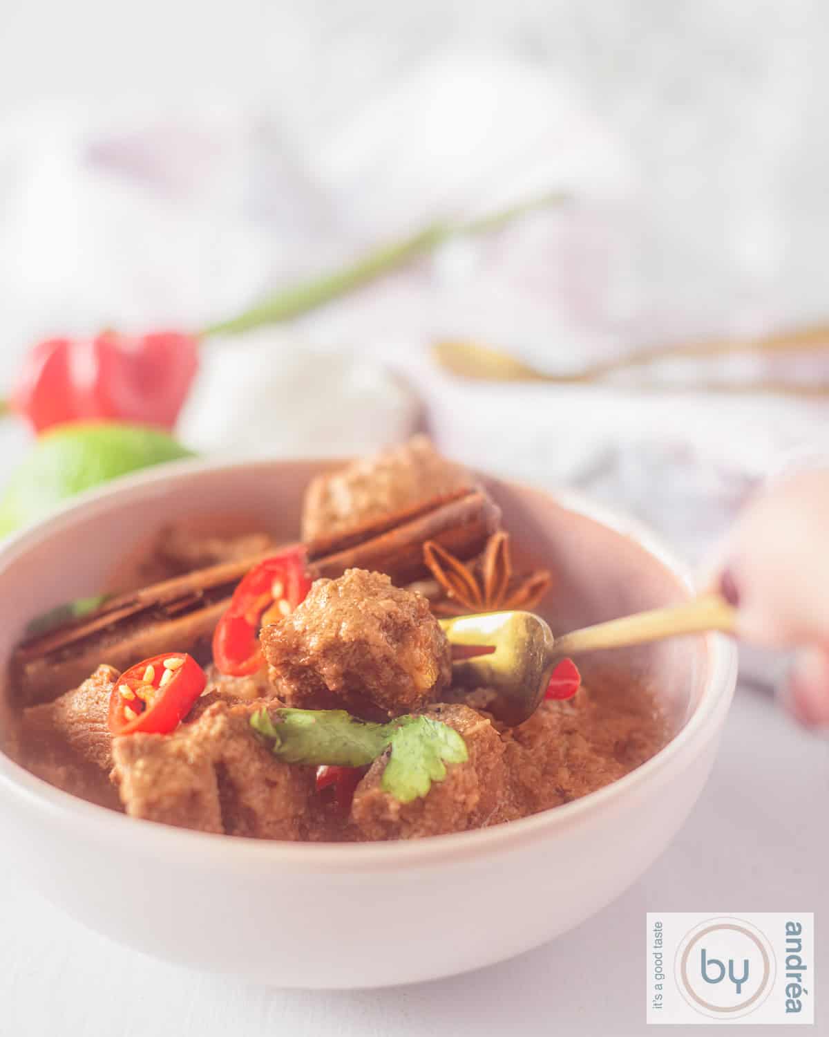 Een hoogtefoto met beef rendang, peterselie, chilipeper, kaneel en steranijs.