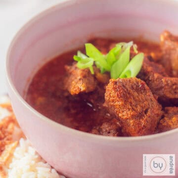 Rundvlees curry met kokosmelk in een roze kom.