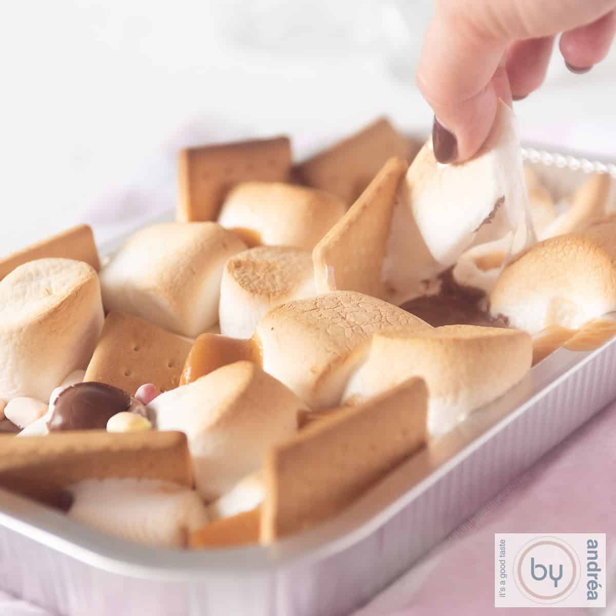 Een vierkante foto met een bakje met s'mores met chocola en koekjes
