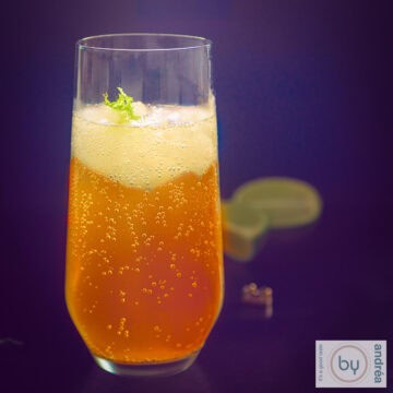 Een vierkante foto met een glas met scroppino met sinaasappel