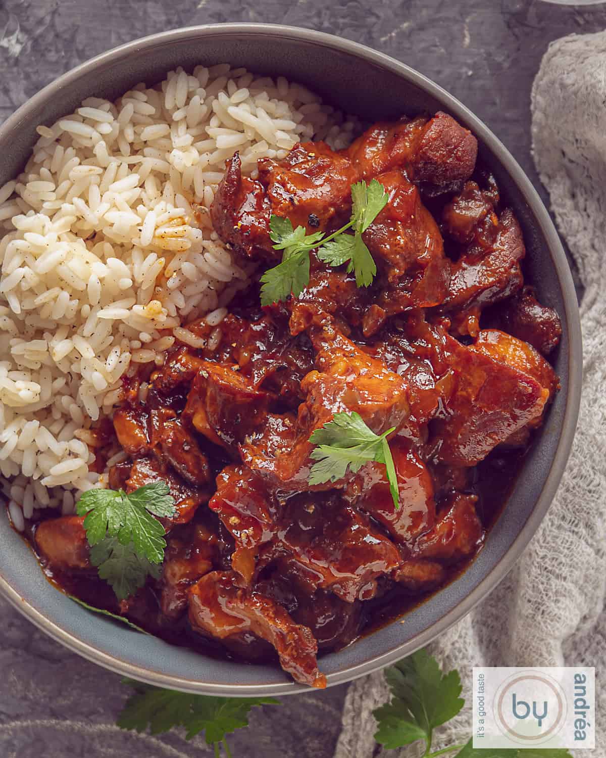 Een foto van bovenaf van een grijze schaal gevuld met slowcooker ajam pangang met kip en rijst.