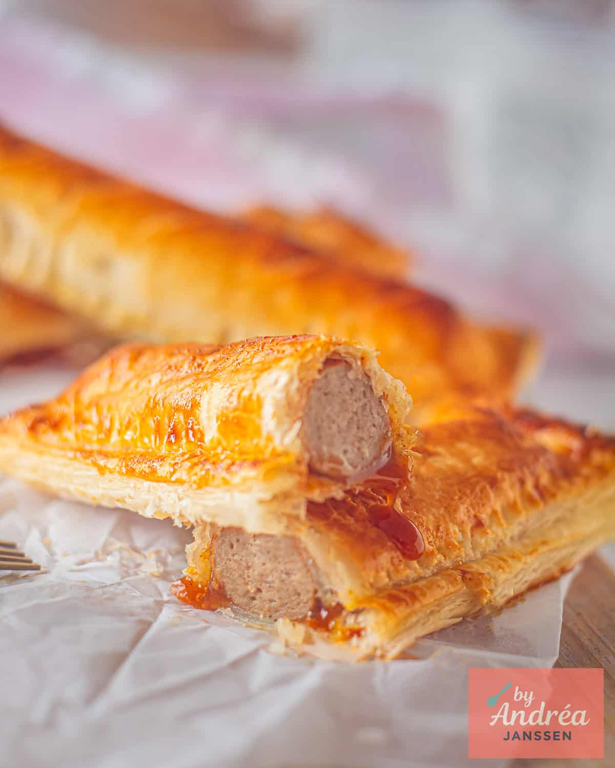 Een deel van de frikandelbroodjes waar er een van is doorgesneden en de curry en frikandel zichtbaar is.